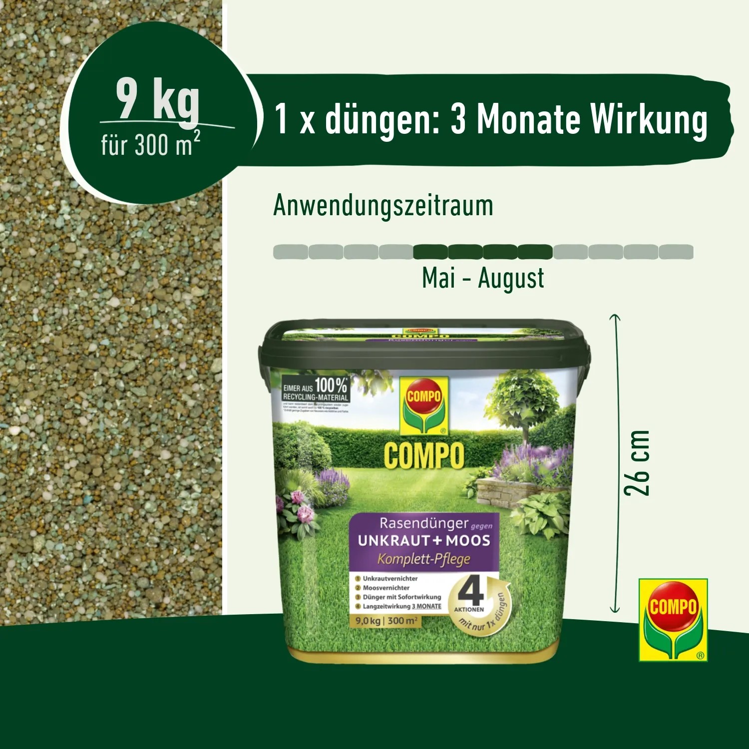 Compo Rasendünger Unkraut & Moos 4in1, 9kg für 300m². Komplett-Pflege für Rasen.