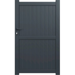 Anthrazitfarbenes Hoftor Adaufe Einzeltor, 104,5x183 cm, aus Aluminium mit senkrechten Füllungen.