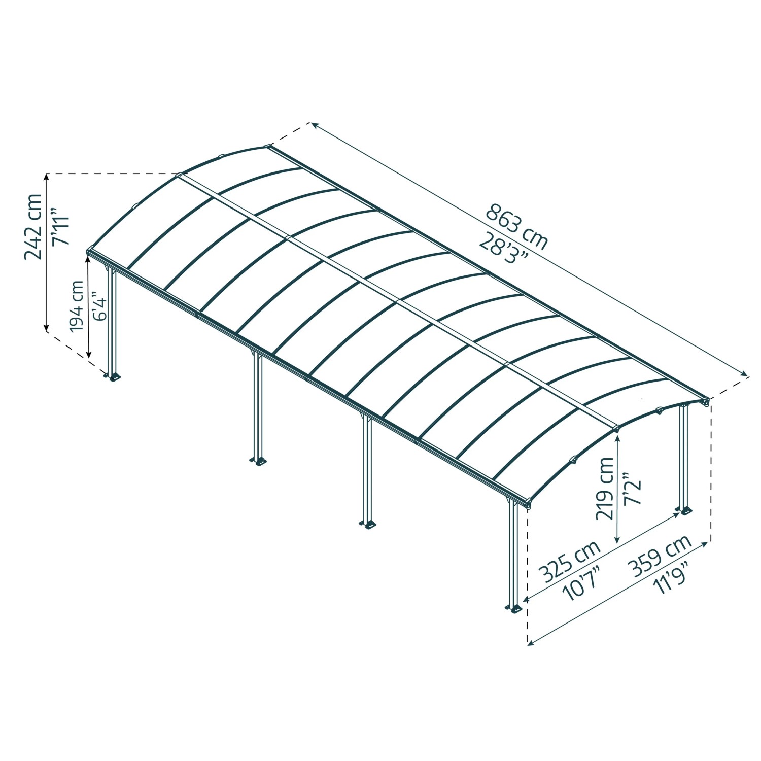 Canopia Carport Arcadia 8500, anthrazit, 360x860cm, mit Maßangaben. Ideal als Unterstand für PKW, Motorrad oder Fahrräder.