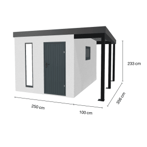 Modernes, weißes Amazing Spaces Gartenhaus Urban One Typ 5 mit Überdachung rechts, 250x356 cm.