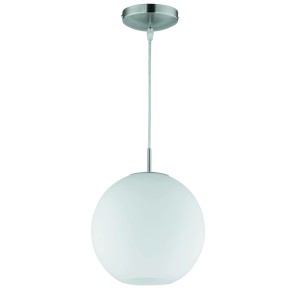 Kugelförmige PL Moon Pendelleuchte mit weißem Opalglas und mattem Nickel.