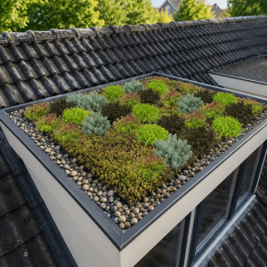 Gründach mit vielfältigem Sedum Fetthenne Mix, Bodendecker in Grün, Rot und Grau, umgeben von Kieselsteinen.