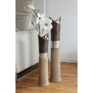 Gilde Bradora Bodenvase, 60 cm, beige-braun Keramik mit Goldband & unregelmäßigem Rand. Für stilvolle Deko im Wohnzimmer.