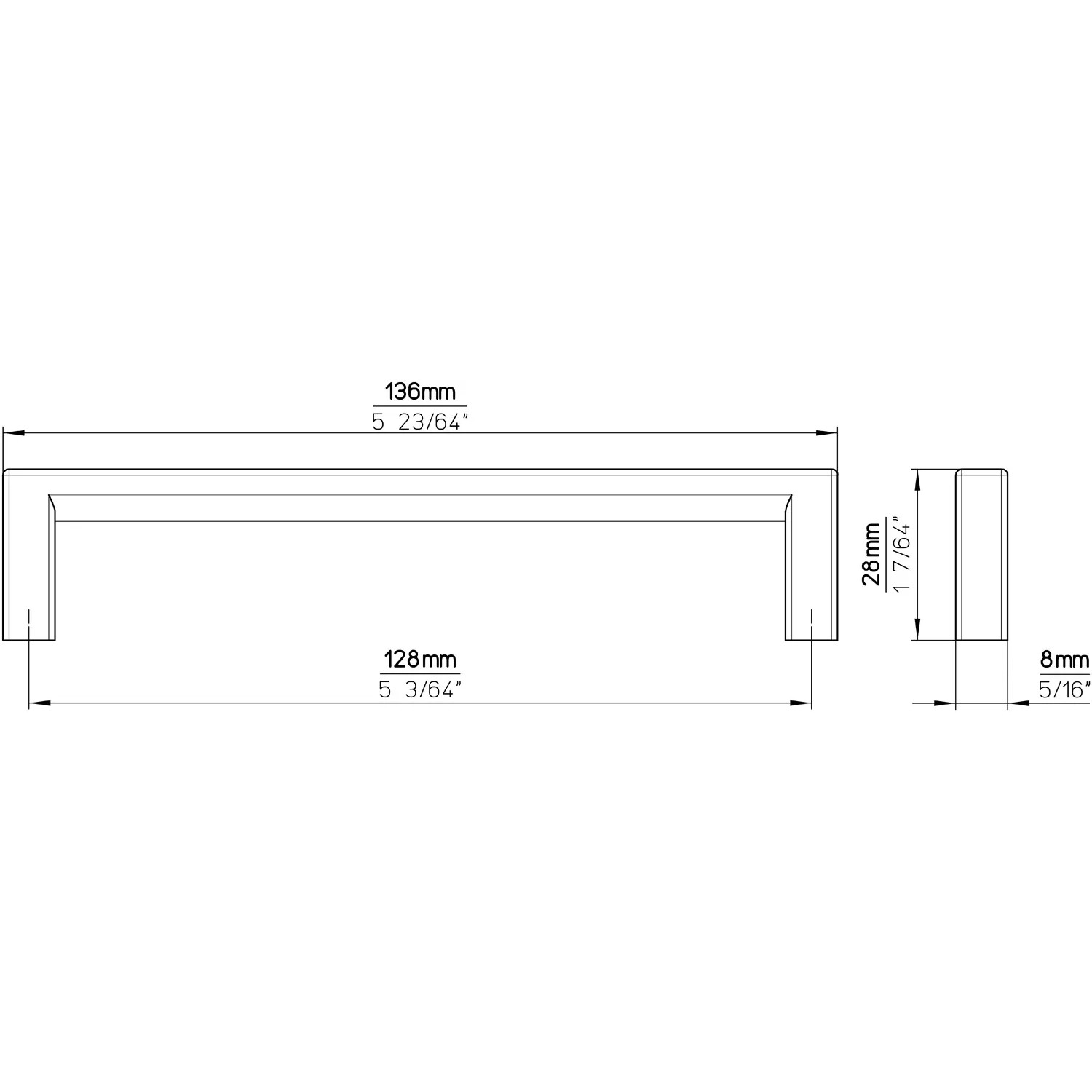 Detailzeichnung: Siro Möbelgriff 2108, Metall, Schwarz Matt, Lochabstand 128mm, Maße