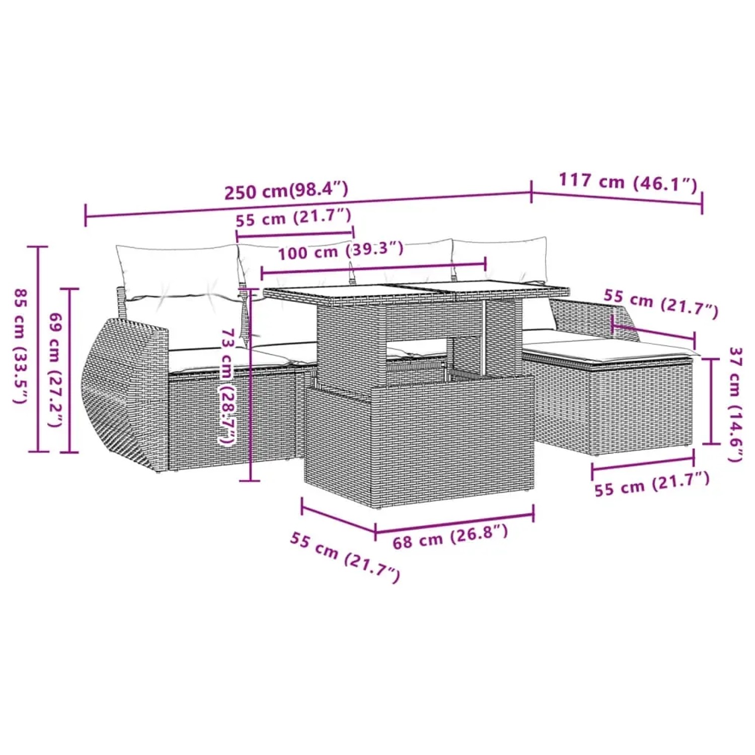 Braune 6-tlg. vidaXL Garten-Sofagarnitur aus Polyrattan mit Tisch und Kissen.