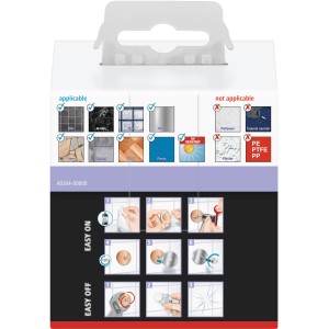 Verpackung des Tesa Handtuchhakens Moon in Edelstahloptik mit Montageanleitung.