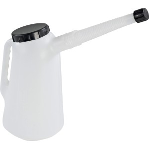 LUX Mess- und Vorratskanne, 2 l, aus Kunststoff mit flexiblem Auslaufrohr und schwarzem Deckel.