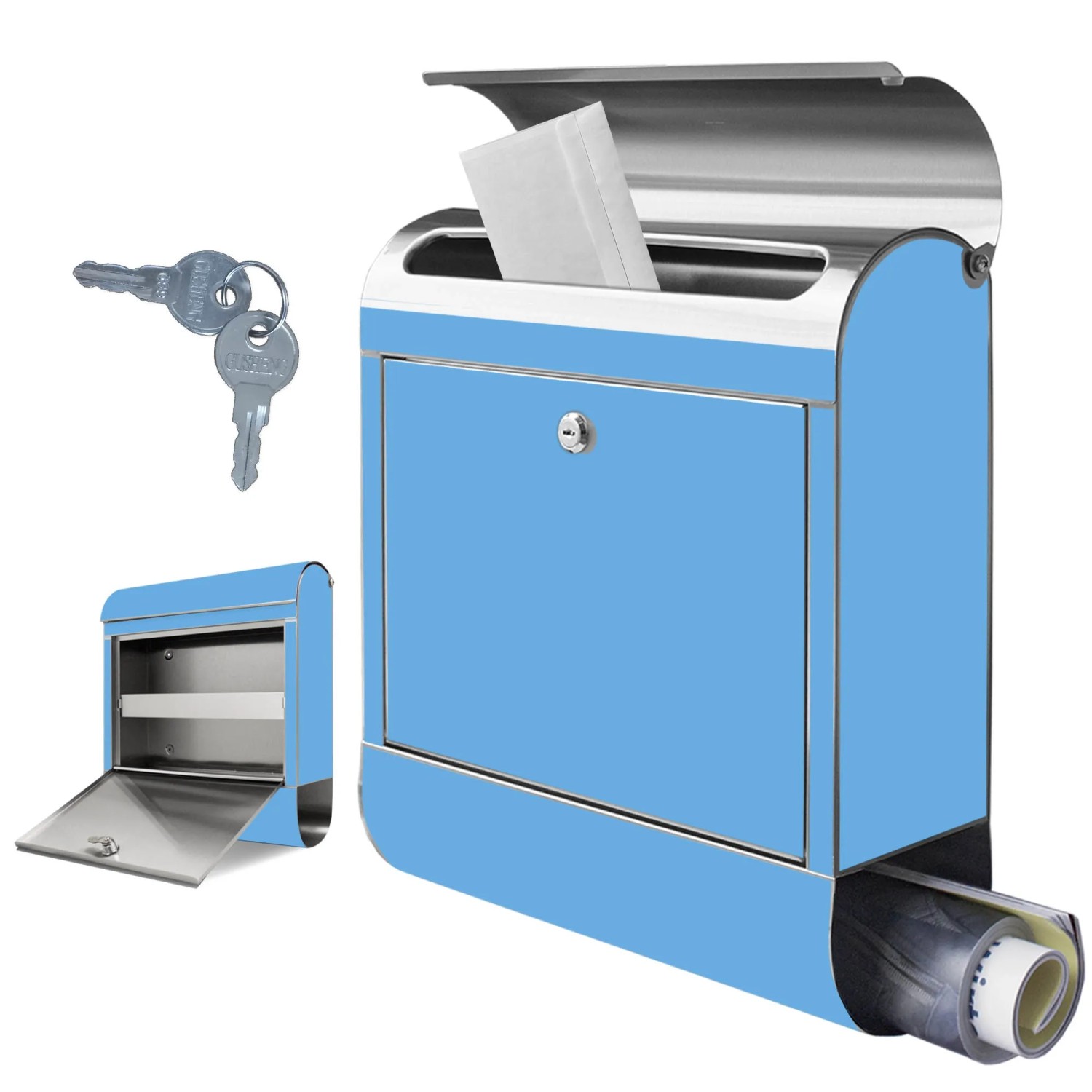 Edelstahl Briefkasten mit Zeitungsfach und pastellblauem Motiv. Rostfreier Wandbriefkasten.