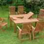 Braunes 7-teiliges Gartenmöbel-Set Comondoro aus Eukalyptusholz mit Ausziehtisch und Sesseln.
