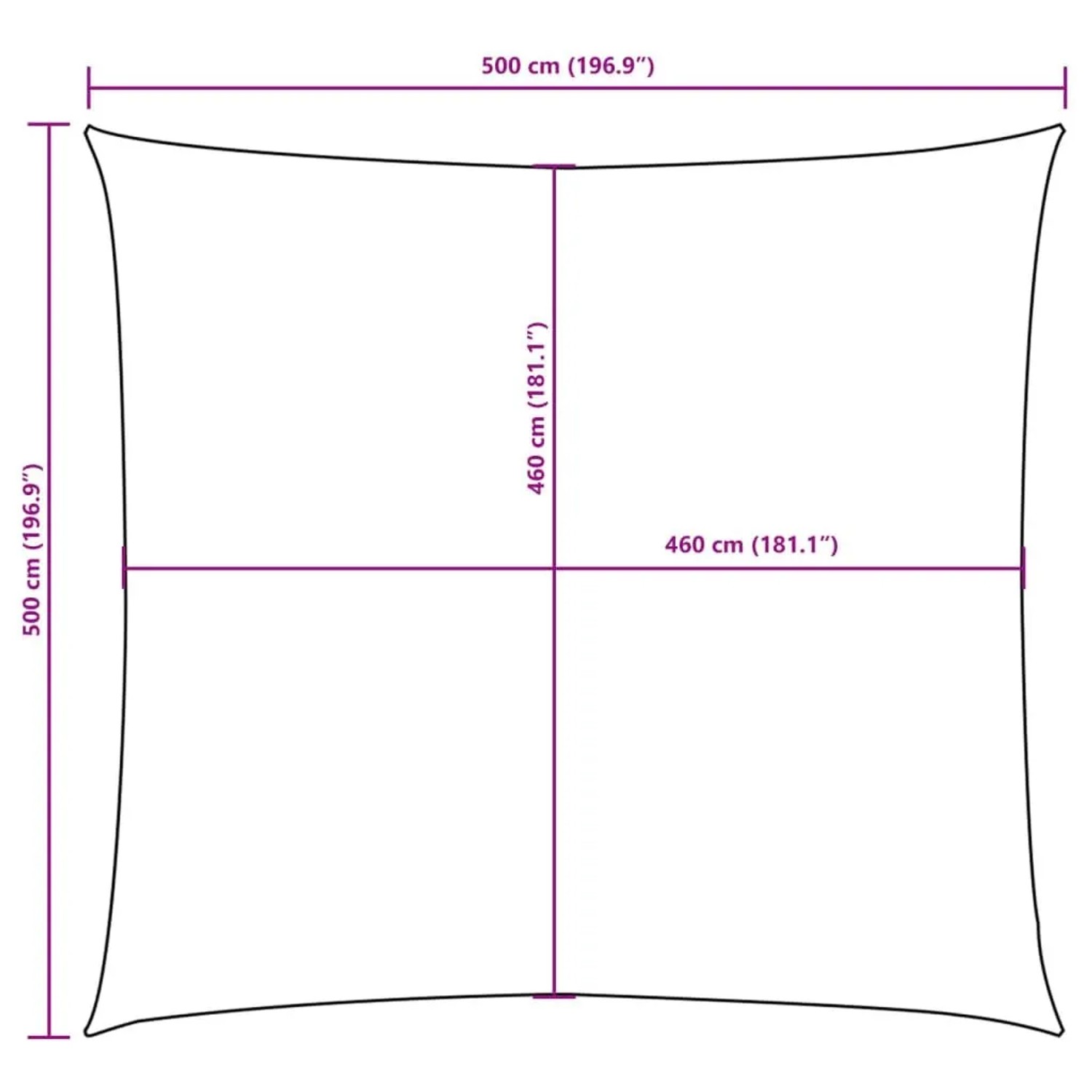 Maßzeichnung des quadratischen vidaXL Sonnensegels 5x5 m mit konkaven Seiten und genauen Abmessungen.