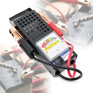 Schwarzer Wiltec Batterietester 6/12V mit analoger Anzeige und roten/schwarzen Klemmzangen. Ideal für Auto Akkus und Kfz Batterien.