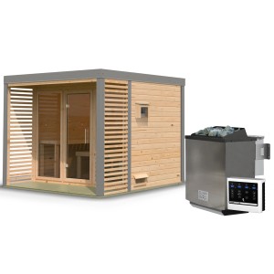 Karibu Saunahaus Seros 3 mit Ofen, naturbelassen/graualuminium, mit Terrasse und Klarglasfenster.