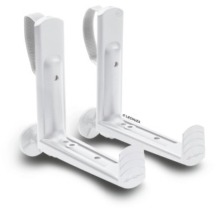 Zwei weiße Lechuza Balkonkastenhalterungen mit Textilschlaufen für Geländer oder Wandmontage.