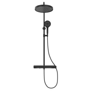 Emke Duschsystem mit Thermostat, mattschwarz, mit Regendusche und Handbrause.