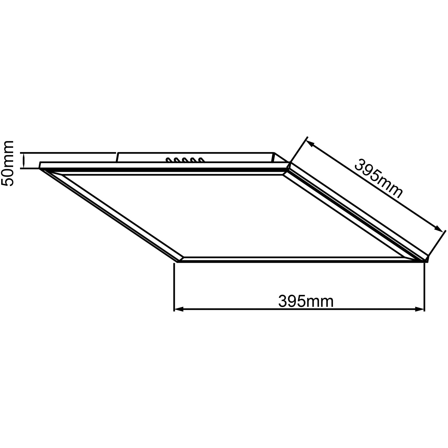 Skizze des weißen Brilliant LED-Deckenpaneels Abie, 40x40 cm, mit Maßangaben.