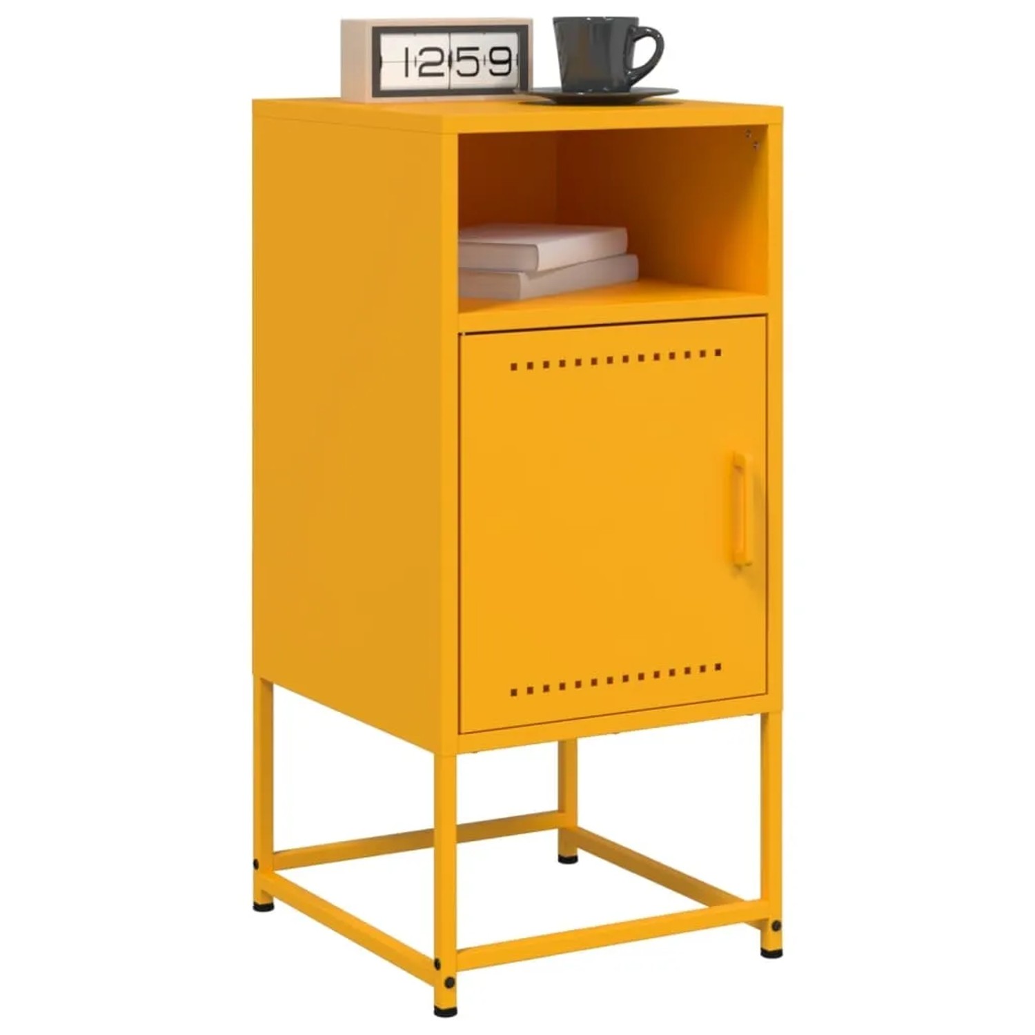 Senfgelber Nachttisch aus Stahl mit Tür und Ablagefach. Modernes Design für Schlafzimmer.