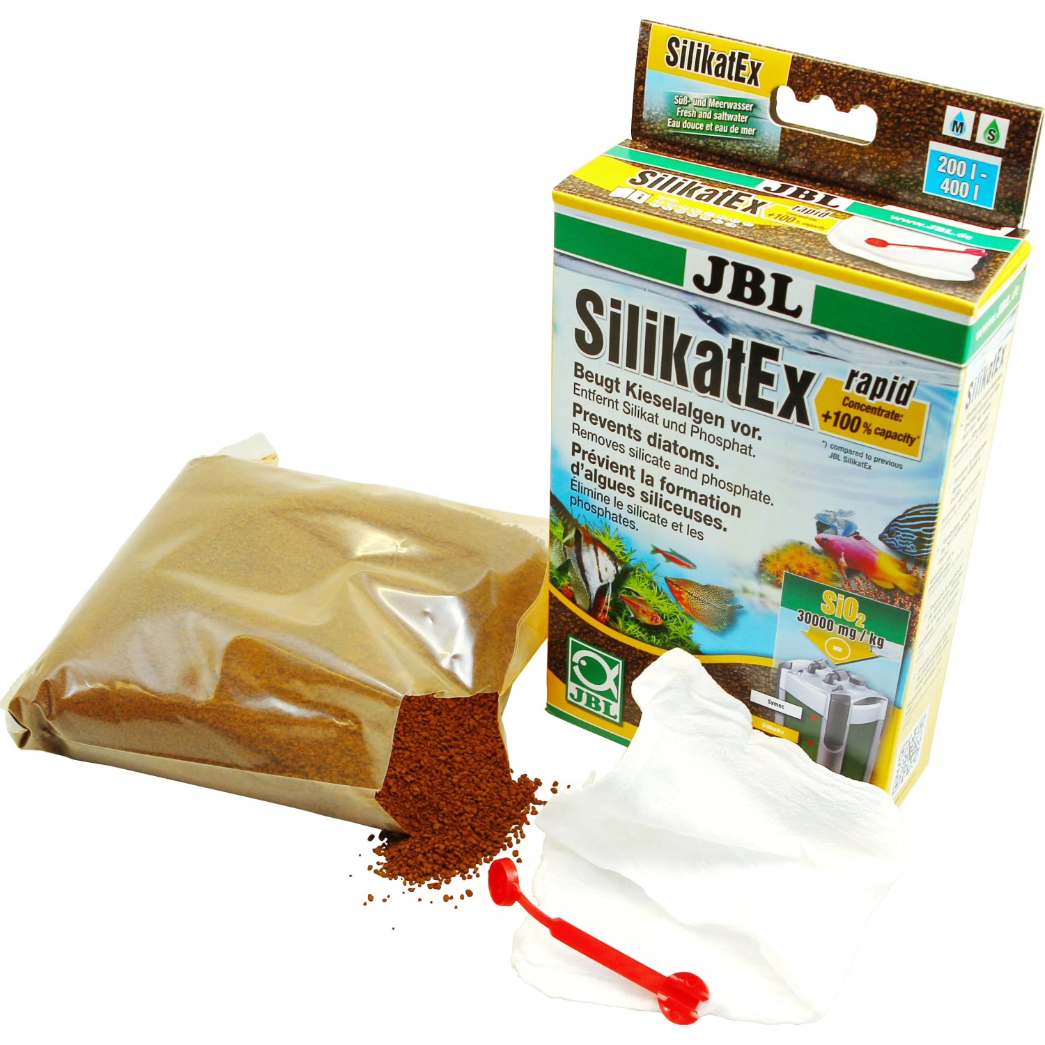 JBL SilikatEx Rapid: Filtermaterial gegen Kieselalgen im Aquarium, mit Filterbeutel und Dosierlöffel.