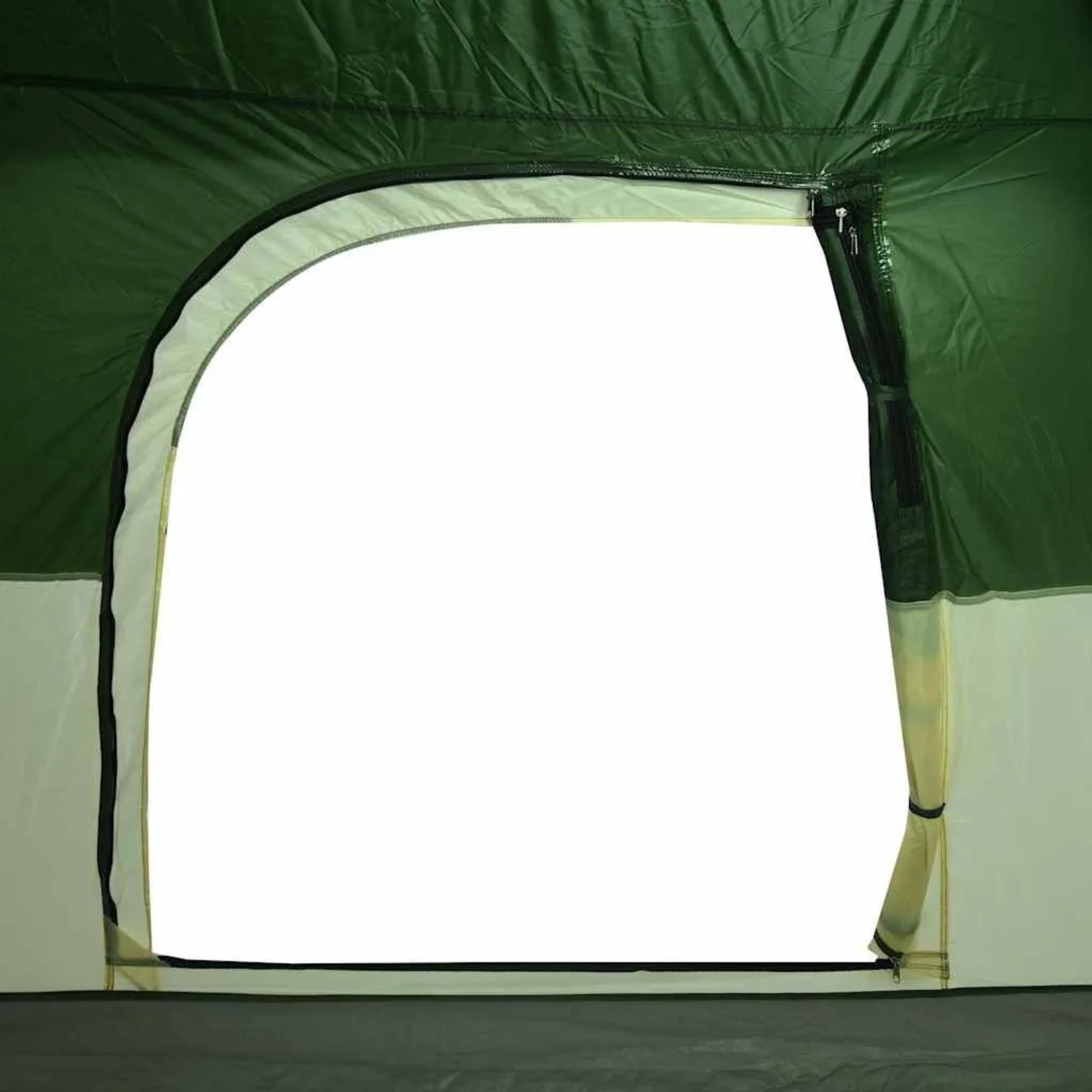 Grüner Eingang eines vidaXL 4-Personen Campingzelts, geöffnet mit sichtbarem Reißverschluss. Wasserdichtes Zelt aus Polyester.