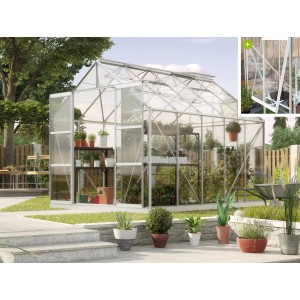 Vitavia Gewächshaus Jupiter 8300 aus Alu mit Pflanzen und Regalen im Garten.