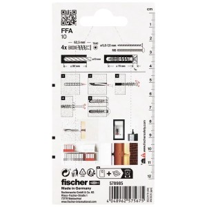 Fischer Porenbetondübel FFA 10 K aus Nylon, 4 Stück, auf Verpackung mit Montageanleitung und Anwendungsbeispielen.