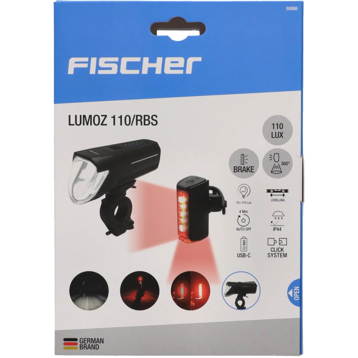 Fischer Fahrradbeleuchtung Set 110 Plus Twin Stop LED, bestehend aus Scheinwerfer und Rücklicht.
