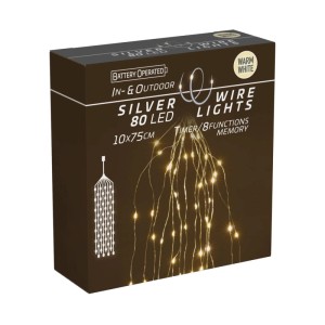 LED-Lichterkette Silberdraht mit 80 warmweißen Mikro-LEDs auf 10 Strängen. Abbildung auf brauner Produktverpackung.