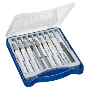 LUX Stichsägeblatt-Set, 18-teilig, T-Schaft für Holz, Metall, Keramik im blauen Kasten.