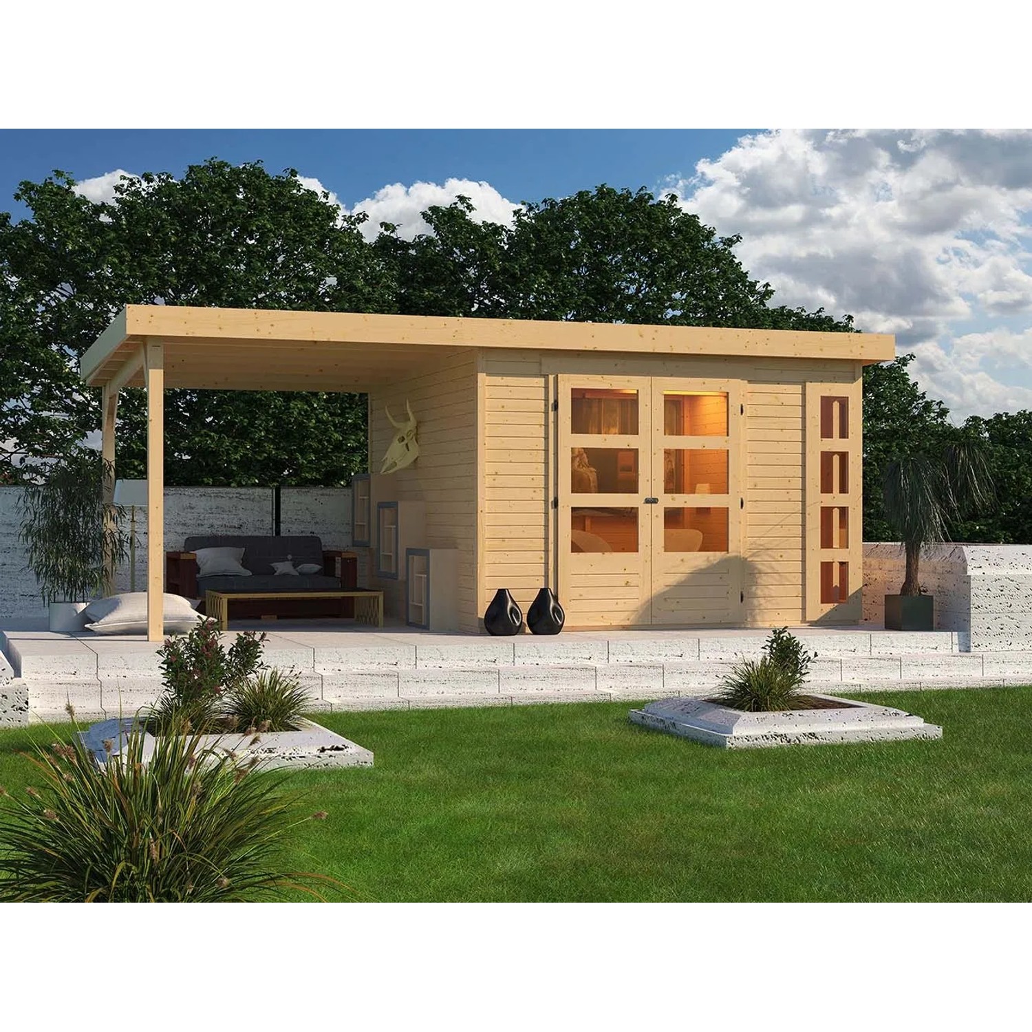 Karibu Holz-Gartenhaus Sölve mit Flachdach und Anbau, unbehandelt.