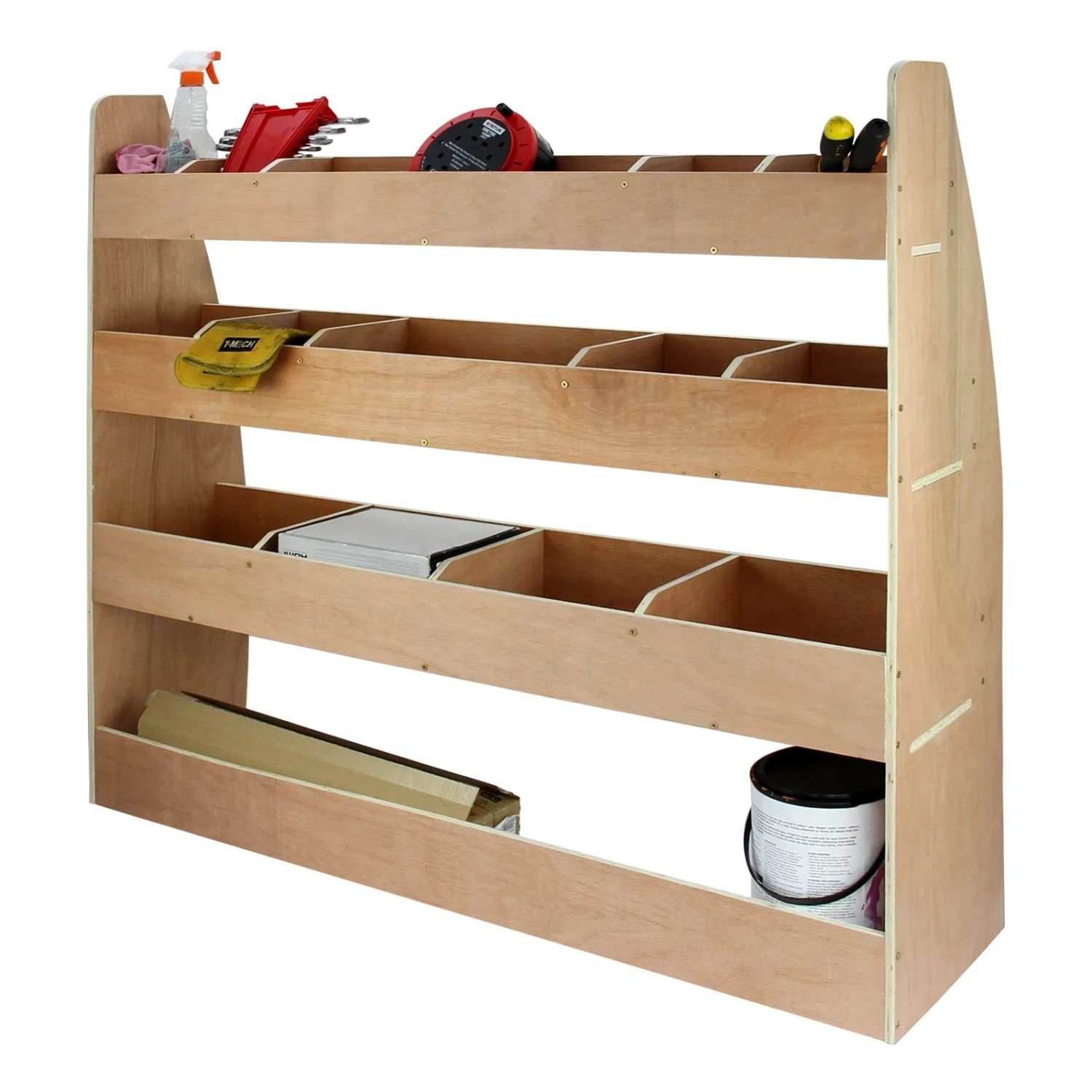 Monstershop VW Caddy Regal Set: Holzregal mit Fächern für Autozubehör und Werkzeug.