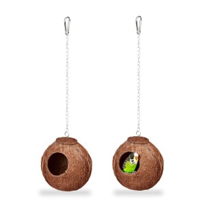 Relaxdays Vogelhaus 2er Set aus Kokosnuss mit Metallkette, eines mit Vogel.