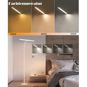 Moderne weiße LED-Stehlampe mit flexiblem Schwanenhals, dimmbar, einstellbarer Farbtemperatur für Wohnzimmer & Lesebereich.