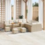 Beiges 14-tlg. vidaXL Garten-Sofa-Set aus Poly Rattan mit Tisch und Kissen.
