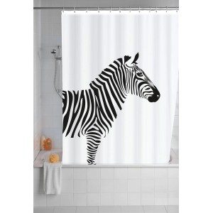 Weißer Wenko Duschvorhang mit Zebra-Motiv, Anti-Schimmel, 180x200 cm.