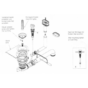 Explosionszeichnung Pyramis Drehexcenter-Ventil 92mm für Spüle mit Abtropffläche.
