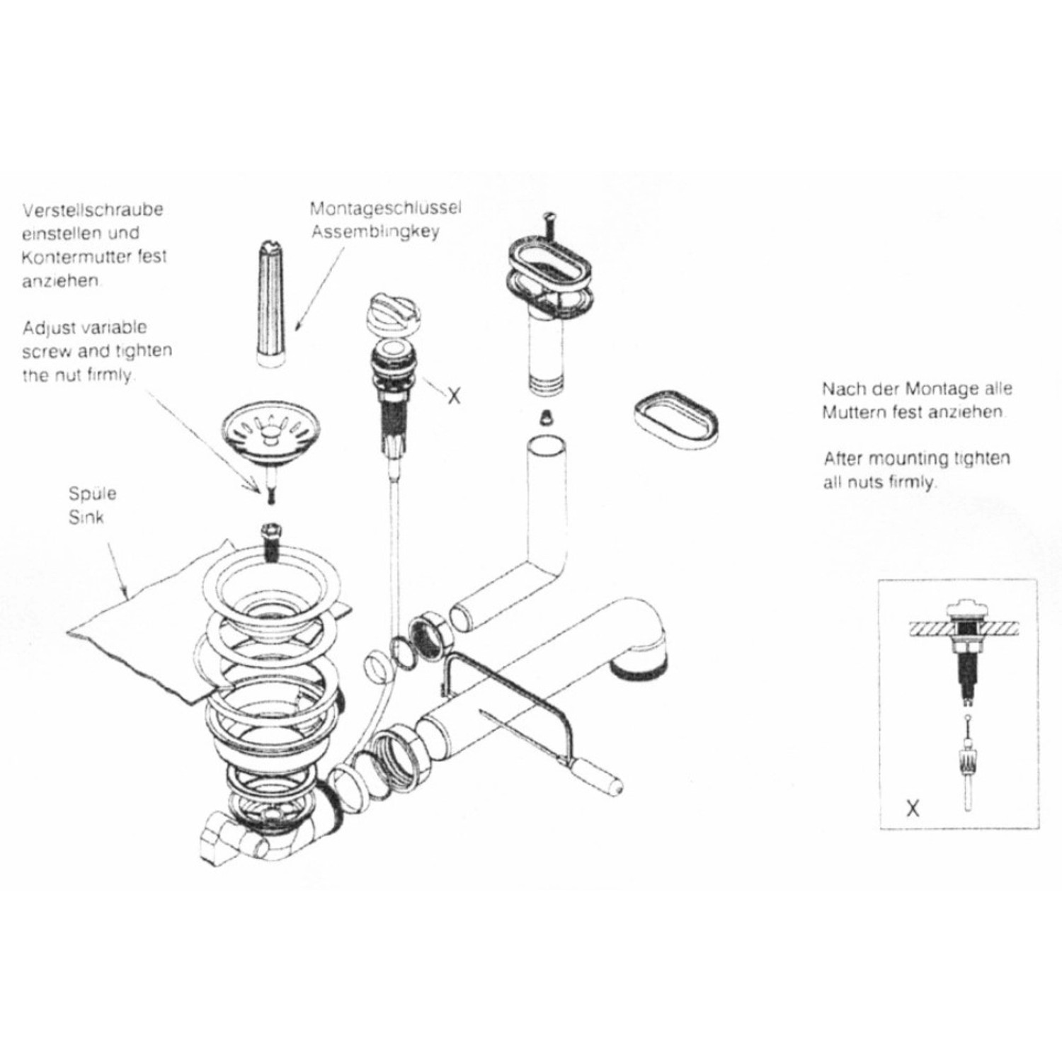 Explosionszeichnung Pyramis Drehexcenter-Ventil 92mm für Spüle mit Abtropffläche.