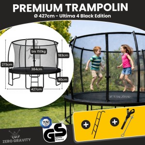 Zero Gravity Trampolin Outdoor 427cm TÜV GS Smartes Klappnetz mit Leiter und Bodenanker