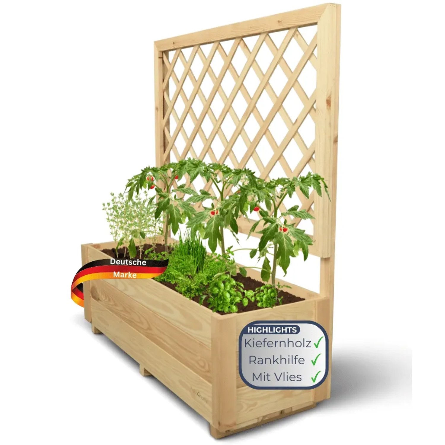 DELUKE Pflanzkasten mit Rankgitter aus Kiefernholz, bepflanzt mit Kräutern und Tomaten.