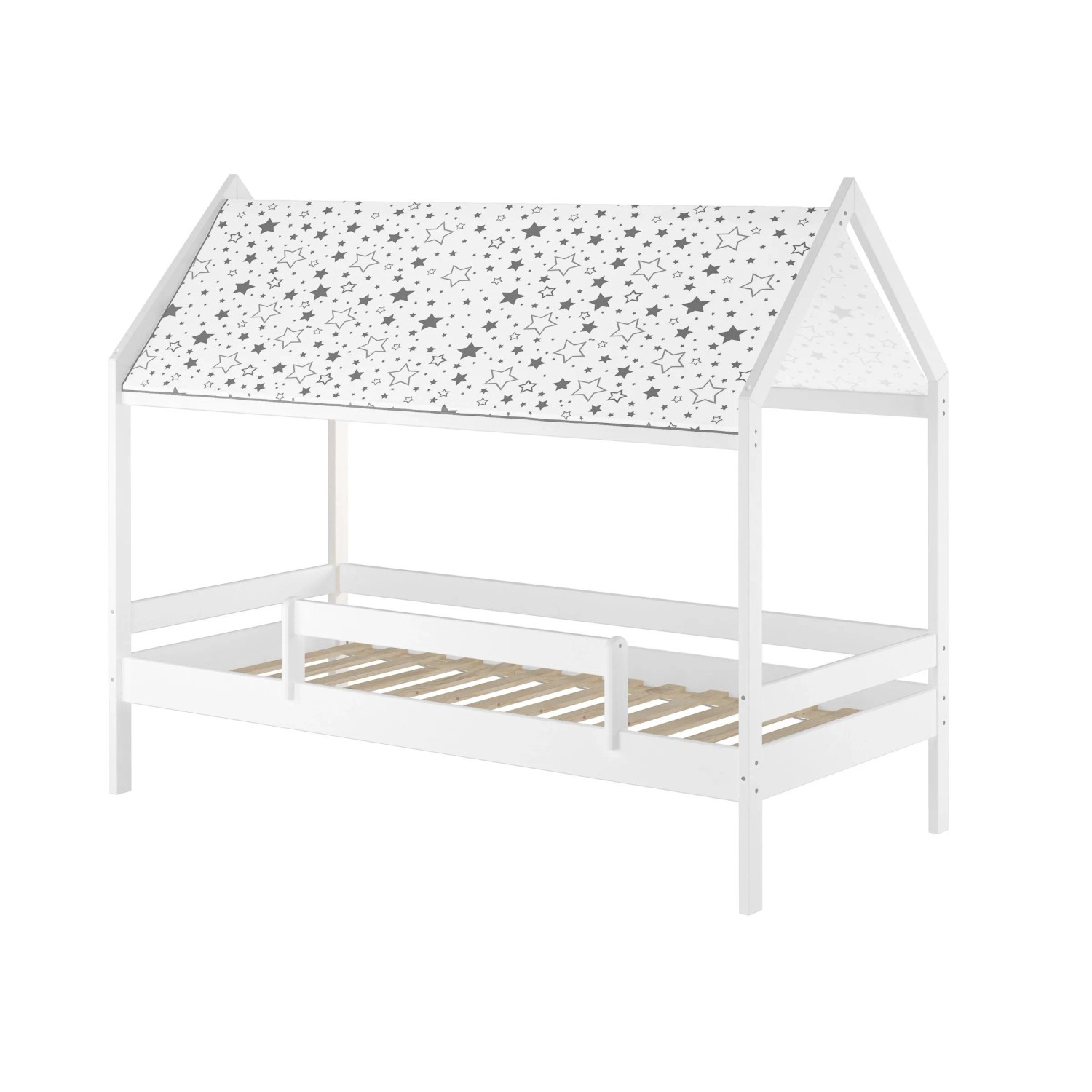 Erst-Holz Weißes Himmelbett 90 x 200 cm Kiefer und Fallschutz Hausbett mit Dach Modell 58 Rollrost inkl.