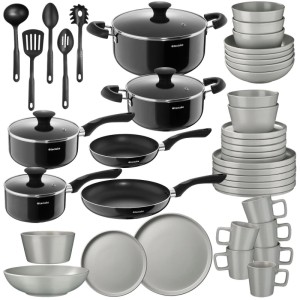 Tectake Küchenstarterset mit Töpfen, Pfannen, Geschirr und Küchenhelfern in Grau und Schwarz.
