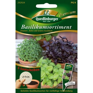 Quedlinburger Basilikumsortiment mit 5 Saatscheiben für grüne, rote und Zitronen-Basilikum Pflanzen.