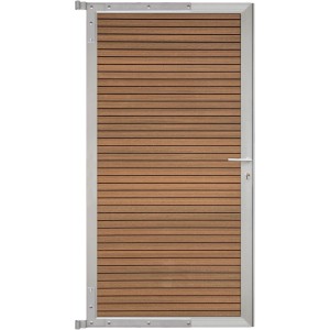 GartenLand Steckzauntor Shadowline, 90x175 cm, WPC Mahagoni mit silbernem Aluminiumrahmen.