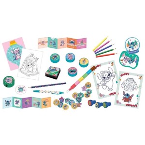 Disney Stitch Adventkalender Schreibwaren Set mit Malvorlagen, Stickern, Stiften und Stempeln für Weihnachten.