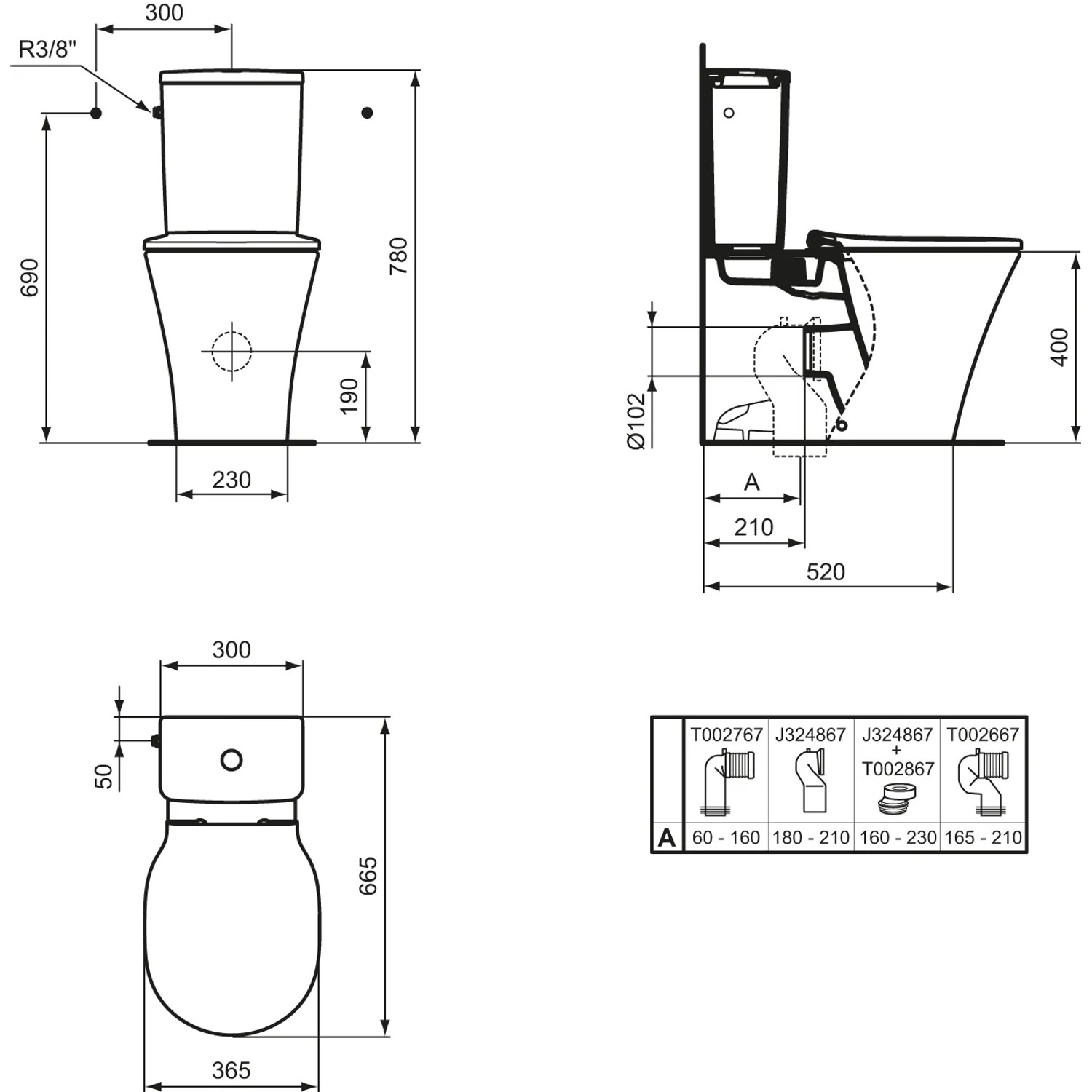 Technische Zeichnung: Ideal Standard Connect Air Spülkasten, Maße und Details für Installation.