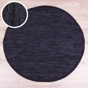 Schwarzer, runder Bestlivings Leder-Flickenteppich, 150 cm Durchmesser. Moderner Teppich aus Lederstreifen.