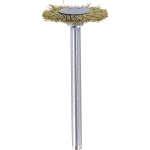 Dremel Messingbürste 19 mm, rund, mit goldenen Borsten und silbernem Schaft. Ideal für empfindliche Metalle.