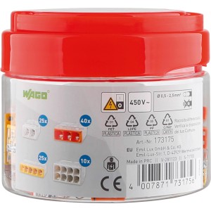 Wago Verbindungsklemmen, 100er Set für Leiterquerschnitte von 0,5-2,5mm² im transparenten Behälter.