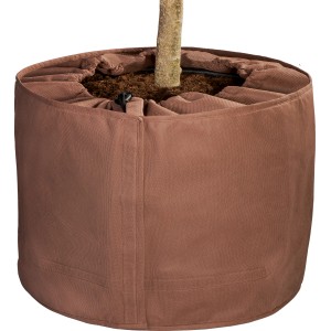 Brauner Thermo-Topfschutz (45x60 cm) für Pflanzen im Garten, mit Zugband und Klettverschluss.