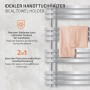 Chromfarbener LuxeBath Badheizkörper Iron mit Handtüchern und Thermostat für komfortable Wärme im Bad.