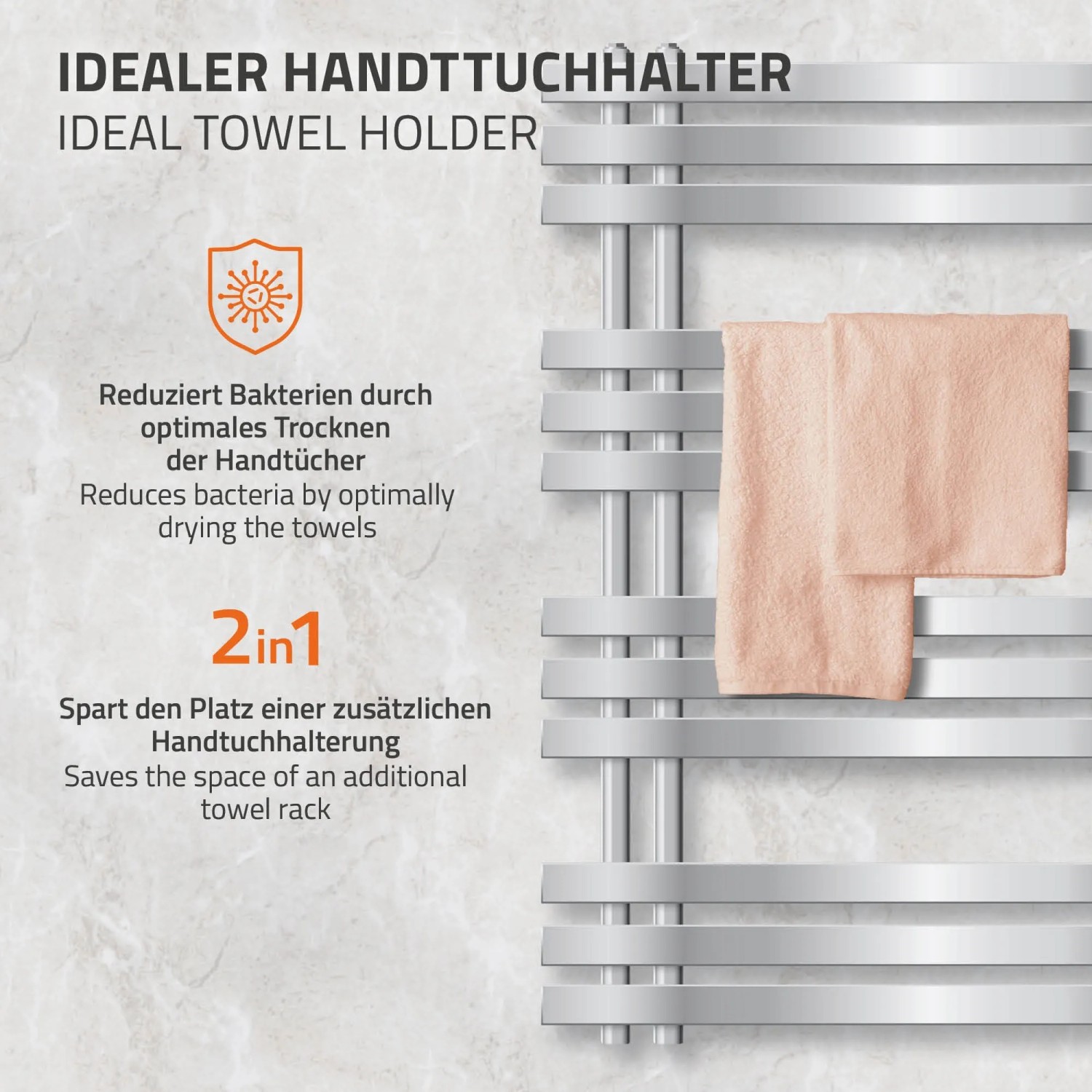 Chromfarbener LuxeBath Badheizkörper Iron mit Handtüchern und Thermostat für komfortable Wärme im Bad.