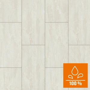Kronoflooring Laminat Ocean Ice Flow in Steinoptik, helle Fliesen mit Fugen.